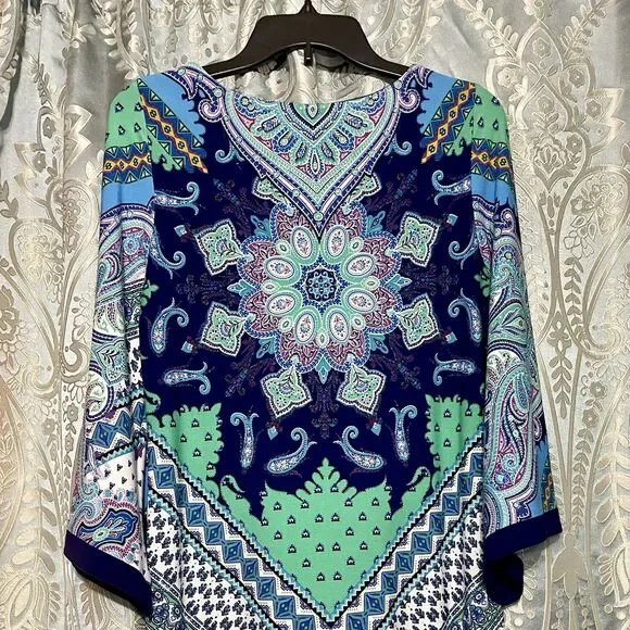 Vibrant Bohemian Mandala Shift Dress Size 6 Blue Multi Color Bell Sleeves Retro - Picture 10 of 13